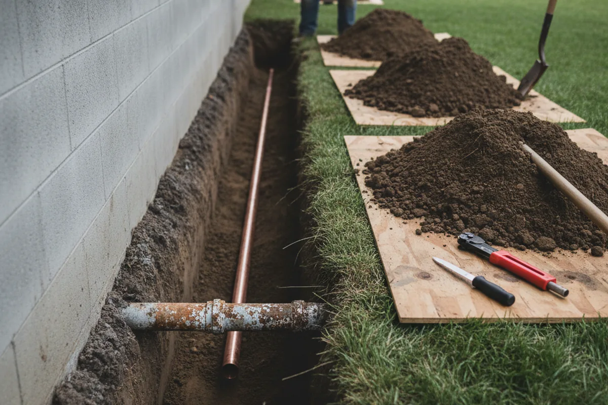 Excavated water line trench during Water Softener Installation in Ovid
